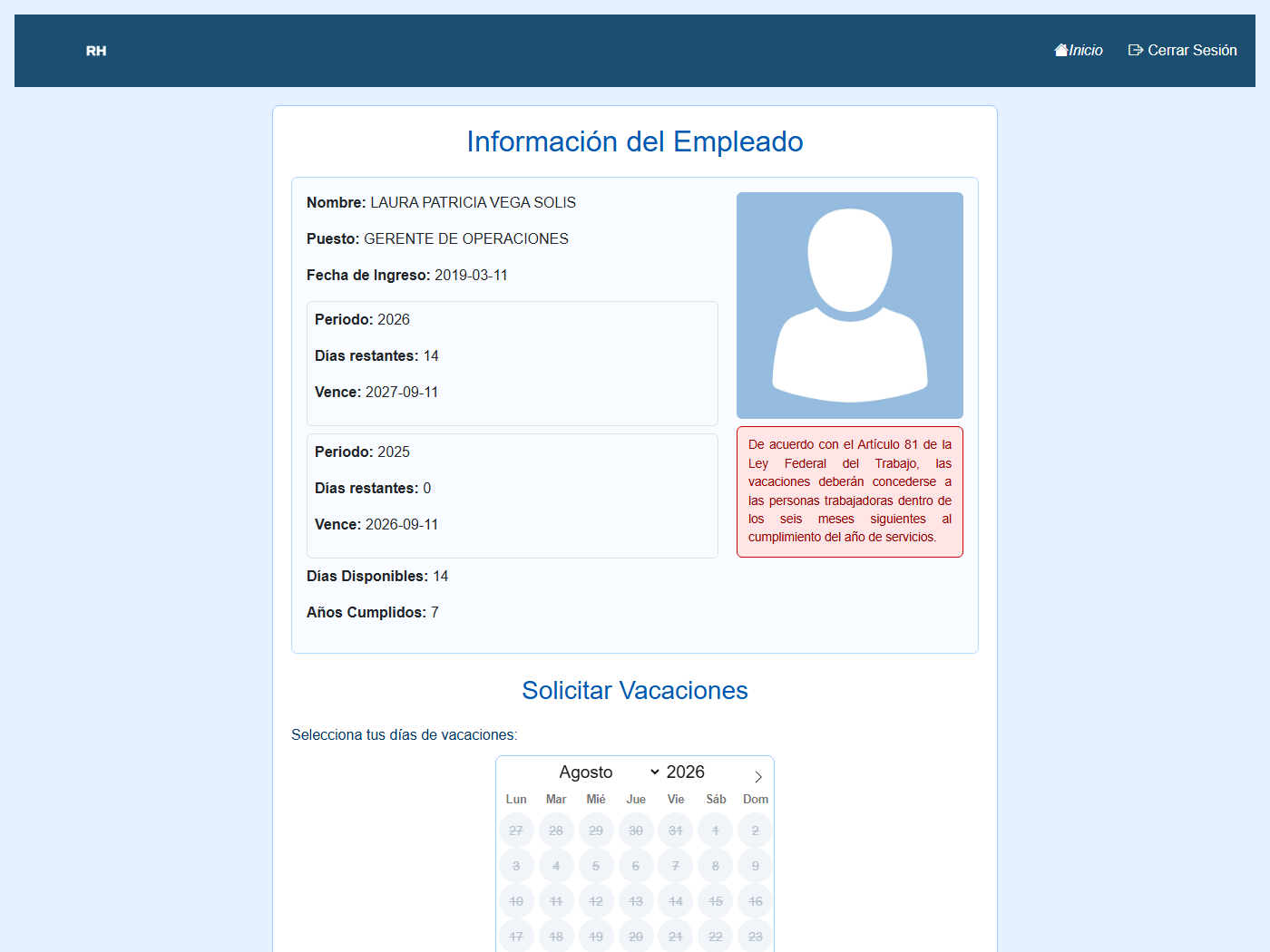 Pantalla de vacaciones de una empleada: sus días disponibles por periodo y el calendario para elegir los días que quiere pedir.