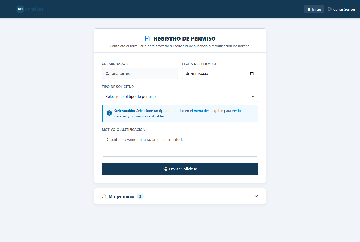 Registro de permiso: colaborador, fecha, tipo de solicitud y motivo.